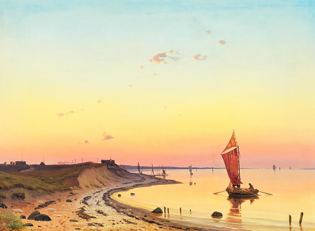 1823-Frederik Carl Julius Kraft - Paesaggio costiero nella Zelanda settentrionale al tramonto - 1847